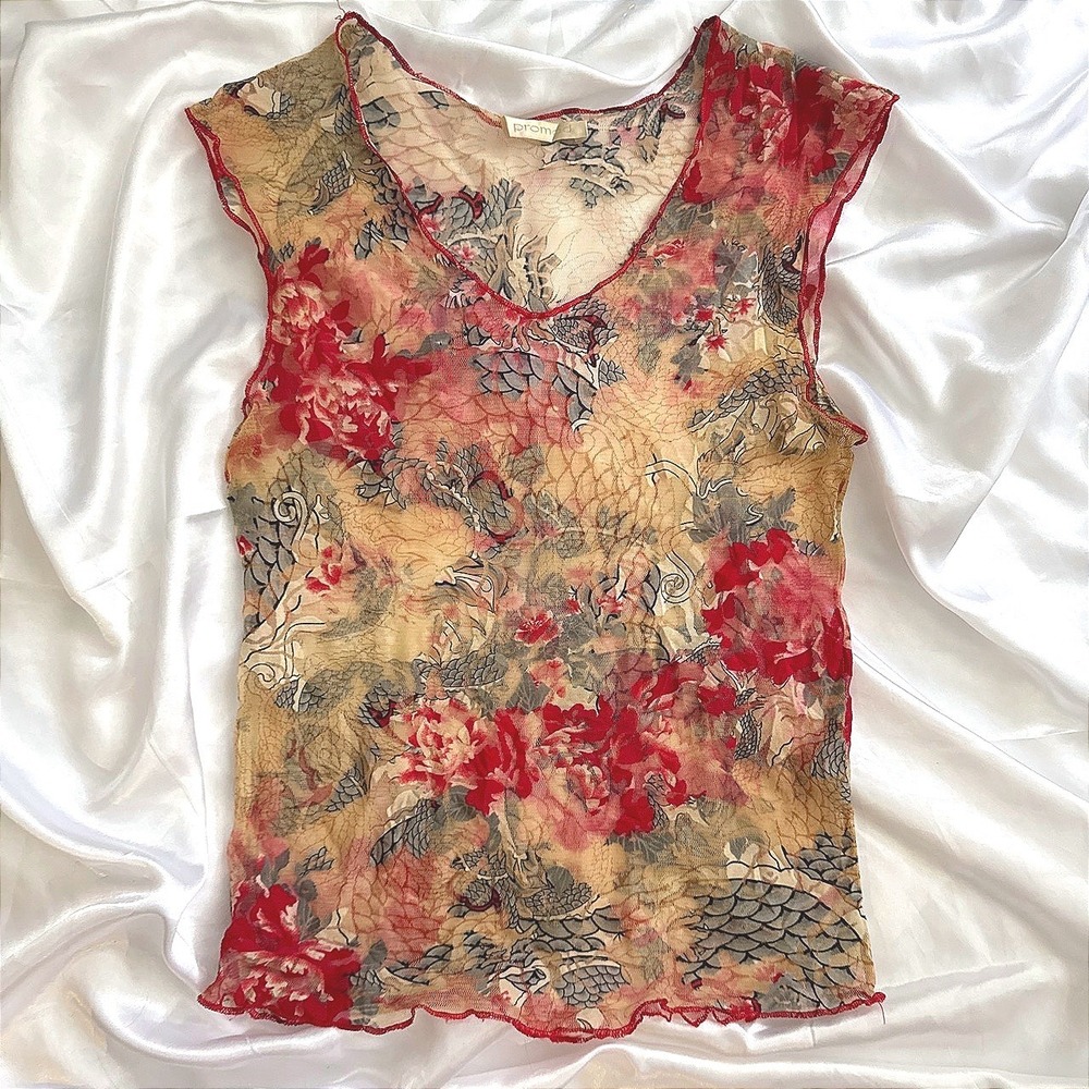 Promod Sheer Mesh Floral Dragon Print V-Neck Cap Sleeve Lettuce Edge Top Red Tan